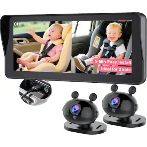 PRIMEPLUS - Dual Baby Car Camera for 2 Kids - 6.9" Split Screen HD Monitor, 1080P & 940nm No-Glow Night Vision, 150° Wide-Angle