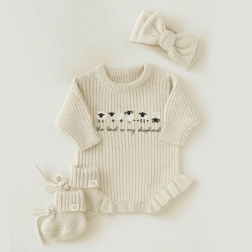 Embroidered 'The Lord is My Shepherd' Knit Baby Romper