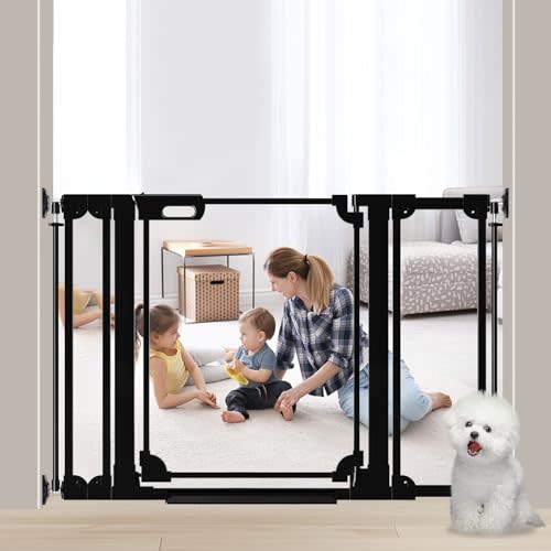 AiWMGL Clear Baby Gate 29.13-47.24" Wide Acrylic Safety Proof Dog Puppy Pet Barrier for Stairs, Transparent Adjustable Pressure Mounted No Drill Auto Close Indoor, Doorways, Hallway, Black