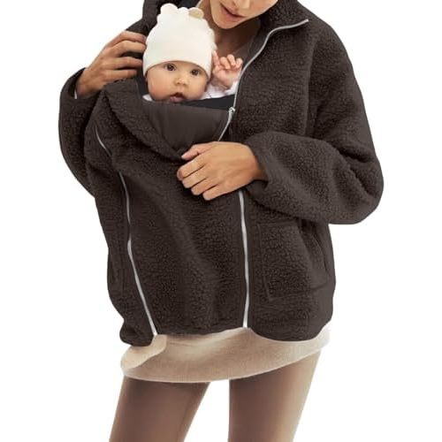 Women's Fleece Jacket Zip Up 2 in 1 Baby Wearing Winter Coat Thiken Warm Outerwear with Baby Carrier Pocket