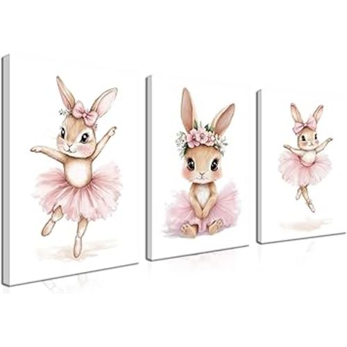 Baby Girl Nursery Wall Decor, Easter Nursery Canvas Wall Art Paintings Set of 3, Cute Animal Pink Bunny Posters Prints Pictures for Boys and Girls Room, Bedroom, Home Decor 12x16 In Framed