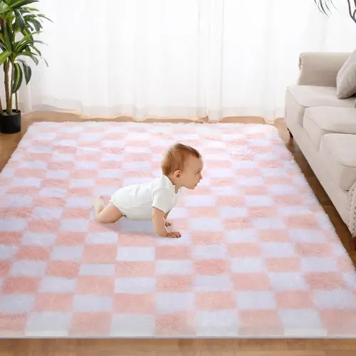 Super Soft Rug for Bedroom, 5x7 Ft Pink and White Area Rug Classic Checkered Shaggy Anti-Skid High Pile Soft Fluffy Rug Fuzzy Carpet for Living Room Bedroom Kids Room Nursery, Dorm Home Decor