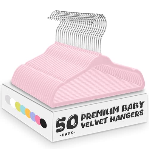 Pink Velvet Kids Hangers 50 Pack - 11" Ultra Thin Non-Slip Clothes Hangers for Baby/Toddler/Daycare | 360° Rotating Hooks, Space-Saving Nursery Organization
