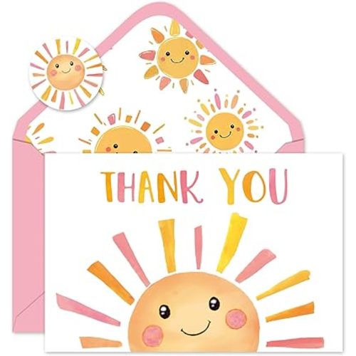 Whaline 24 Pack Sunshine Thank You Cards Pink Orange Cartoon Sun Note Card with Envelopes Stickers Cute Greeting Blank Card for Birthday Baby Shower