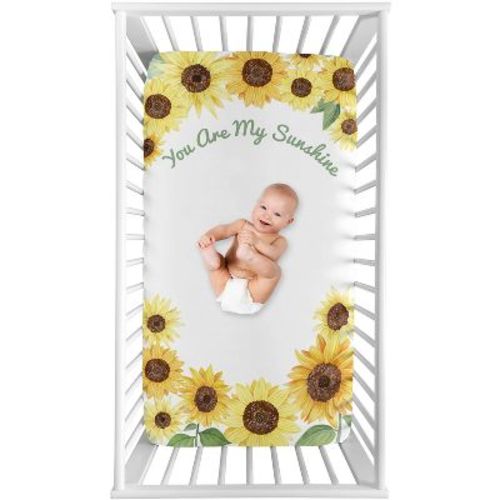 Sweet Jojo Designs Girl Photo Op Fitted Crib Sheet Sunflower Yellow Green and Taupe