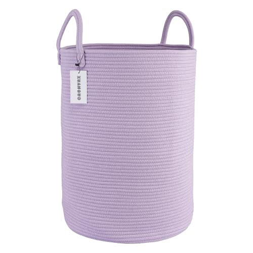 XUANGUO Cotton Rope Laundry Basket Hamper for Clothes Woven Storage Basket for Living Room Bedroom Boho Tall Rope Baskets for Blanket Toys Pillow Towels Baby Nursery Hamper Bin Large purple