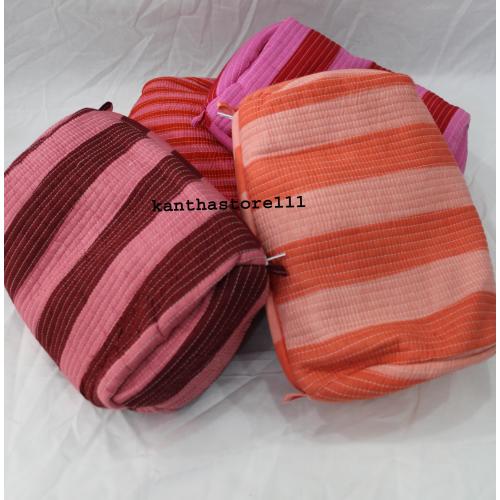 Handmade Striped Cotton Pouch Set: Quilted Toiletry Bags, Indian Artisan Design