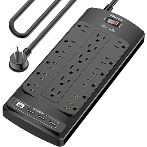 18 Outlets Surge Protector Power Strip - 10 Feet Flat Plug Heavy Duty Extension Cord with 18 Widely Outlets and 4 USB Ports, 2100 Joules, Black, ETL Listed