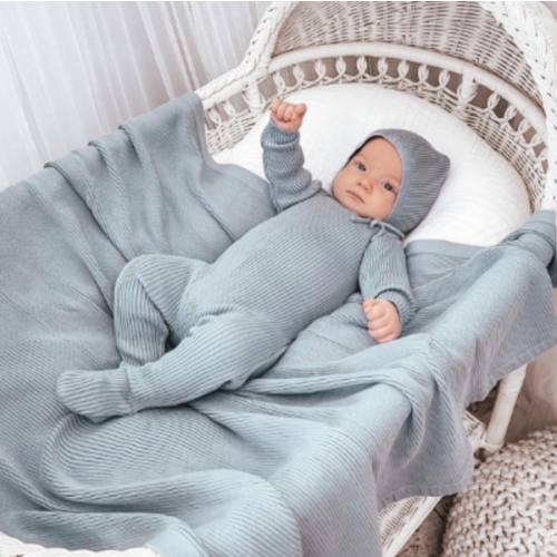 Rolled Collar Ribbed Knit Romper & Bonnet