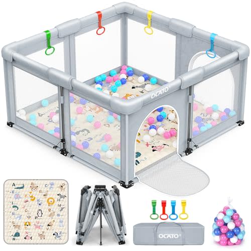 OCATO Baby Playpen with Mat: Foldable Playpen for Babies and Toddlers Play Pen Portable Playpens Fence Indoor Outdoor Kids Safety Area Play Yard with 50x50 Playpens Mat 4 Handlers 50 Balls (50" × 50")