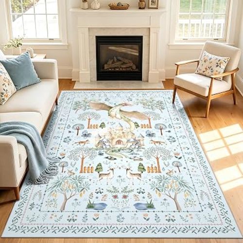 nesrt Washable Dragon Area Rugs for Living Room 5x7Ft Non Slip, Light Blue Animal Print Dining Room Rugs Low Pile, Soft Castle Kids Nursery Floor Carpets for Playroom Bedroom Kids Room Boys and Girls