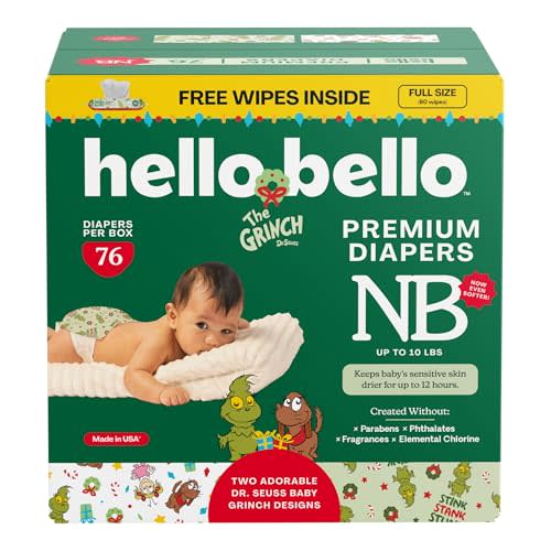 Hello Bello Dr. Seuss Baby Grinch Premium Diapers, Size NB (Up to 10 lbs), 76ct Plus Bonus Wipes: Softness & Protection for Sensitive Skin