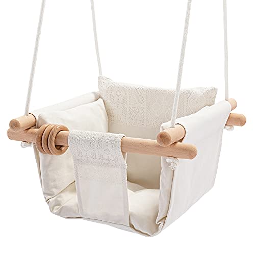 Mlian Secure Canvas and Wooden Baby Hanging Swing Seat Chair Indoor Outdoor Hammock Backyard Outside Kids Toys Swings 6-36 Months with Lace Dcor Cushion Natural Ring, Beige