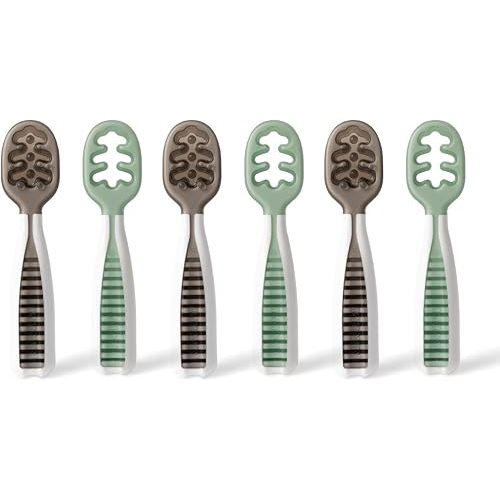 NumNum Pre-Spoon GOOtensils | Baby Spoon Set (Stage 1 + Stage 2) | BPA Free Silicone Self Feeding Baby + Toddler Utensil (Storm Gray/Glacier Green, 3 Pack (Six Spoons))