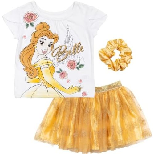 Disney Princess Moana Frozen Girls T-Shirt Tulle Mesh Skirt and Scrunchie 3 Piece Outfit Set Toddler to Big Kid