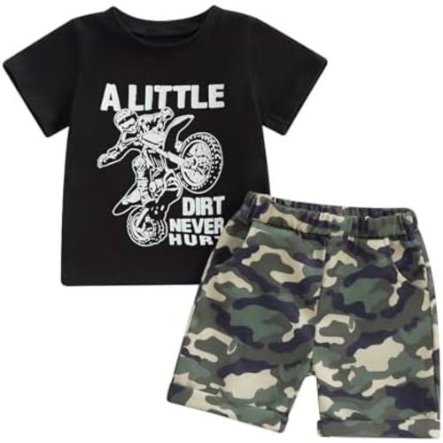 WZTYYDS Toddler Kids Baby Boy Summer Clothes 2T 3T 4T 5T Vehicles Letter Print Short Sleeve Tops Camouflage Shorts Outfits