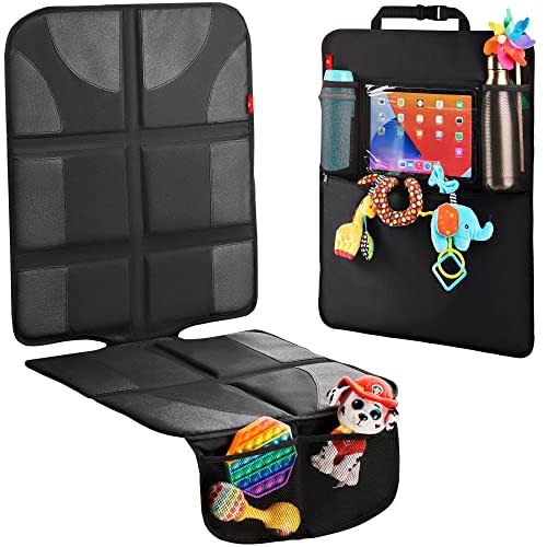 Helteko Car Seat Protector with Thickest Padding + Backseat Car Organizer, XL Largest Car Seat Cover for Child Baby Carseat, Kick Mat Back Seat w/ Storage Pockets, Waterproof & Durable 600D Fabric