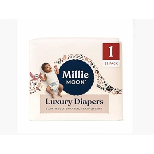 Millie Moon Luxury Disposable Baby Diapers Size 1 (32 Count), Ultra Soft Comfort, Absorbent Core for Day & Night Use, Wetness Indicator, Gentle Materials, Secure Fit