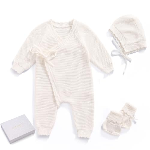 Cotton Baby Knit Romper Kimono Newborn Outfit Gift Set Hat Booties | Matching Hat & Booties, Ready-to-Gift Box, 100% Cotton Soft & Breathable, Side-Tie for Easy On/Off, Machine Washable