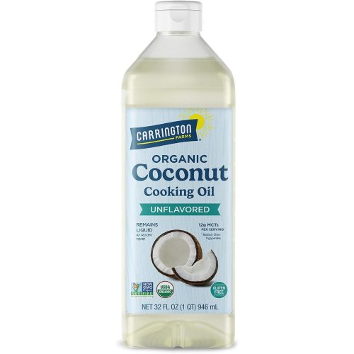 Carrington Farms Organic Liquid Coconut Cooking Oil, 32 Fl Oz –Unflavored, Unscented, High Smoke Point, MCT-Rich, No Trans Fat – For Cooking, Sautéing, Frying & Baking – Gluten Free, Non-GMO, Hexane Free, BPA Free Bottle
