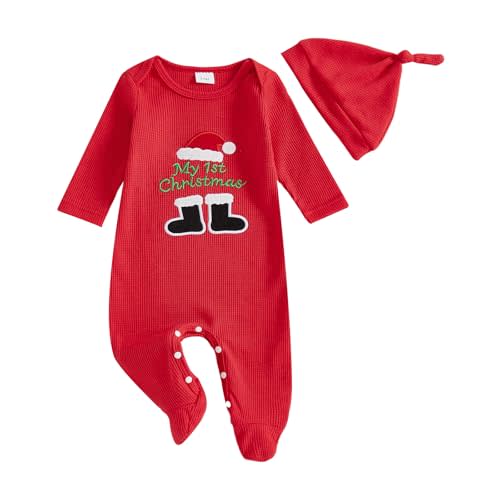 FYBITBO My First Christmas Baby Boy Outfit Newborn Boy Girl Santa-Capped Christmas Footie Romper Onesie Xmas Clothes