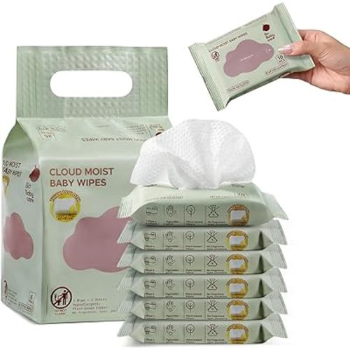 Bc Babycare Cloud Moist Baby Travel Wipes, 6 Pack, On The Go Pocket Size, Ultra Thick, 99% Water, Unscented, Hypoallergenic for Sensitive Skin, Biodegradable