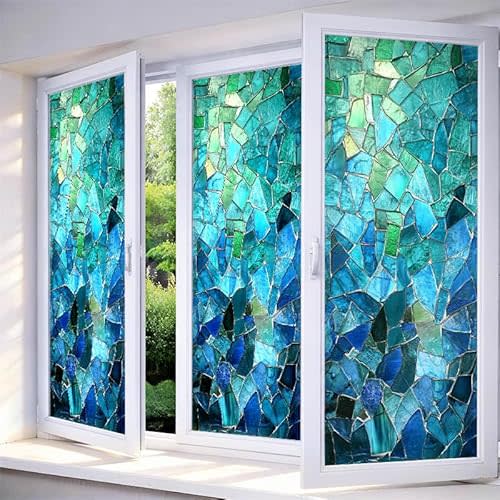 IVN Stained Glass Window Film 17.7x39.3 inch Mosaic Blue Green Decorative Window Privacy Film Stained Decals Static Cling Sun Blocking Decor for Home Office Windows Door Glass Partitions