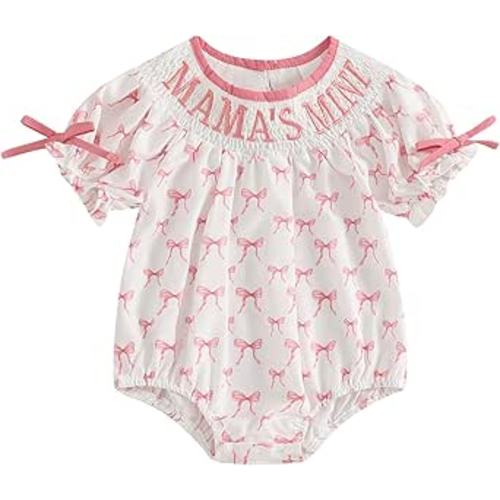 Newborn Baby Girl Romper Mamas Mini Bow Plaid Print Puff Sleeve Smocked Bubble Romper Jumpsuit Bodysuit Clothes