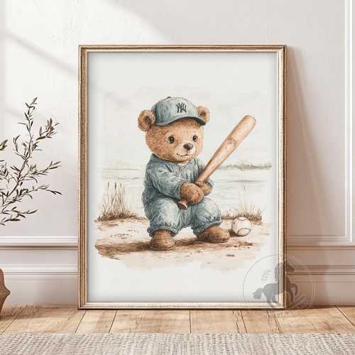 Baby Teddy Bear Baseball Nursery Art | Cute Sports Wall Art | Kids Room Decor | Printable Digital Download