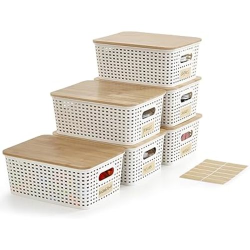 Small Plastic Storage Bins with Bamboo Lids 5.2qt Stackable Box Basket Pantry Decorative Containers Cute with Labels for Organizing Desktop Closet Office Cream White of 6 packs 10*7.2*4.1"