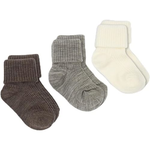 Woolino Baby Wool Socks from, Washable Merino Wool Toddler Children Socks, 4-6 Years, Cocoa/White (Pack of 3)
