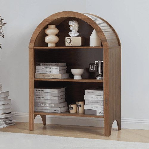 LEFHDA Small Kids Arched Bookshelf, Modern 3-Tier Open Bookshelf, Wood Freestanding Arched Bookcase with Adjustable Shelves, Covered Rounded Top Display Cabinet (Walnut)
