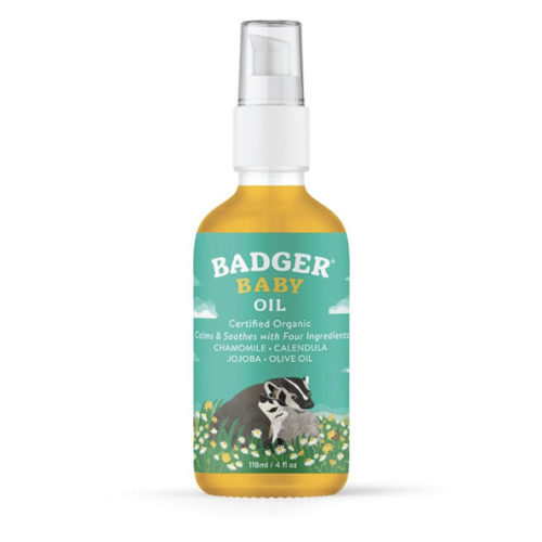 Badger Baby Oil, 100% Organic Ingredients to Soften & Moisturize Dry Skin or Cradle Cap, Soothing Vegan Organic Baby Oil, 4 fl oz Glass Bottle