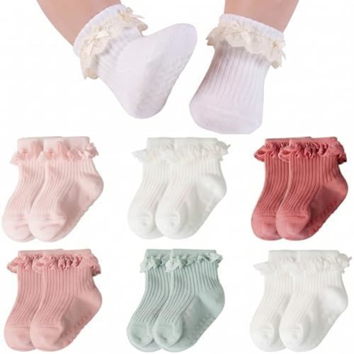 Baby Girl Ruffle Socks with Grips Soft Cotton Non Slip Ankle Socks