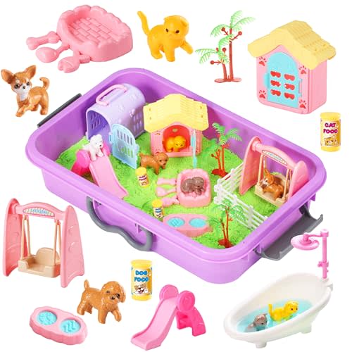 Carolart Pet Sensory Bin, Dog & Cat Sand Box Play Sand Kit, Sensory Toys | Sensory Sand Pet Care Play Set, Pretend Animal Toys, Sensory Kit Gift for Girls Boys, Interactive Sensory Play Ages 3+