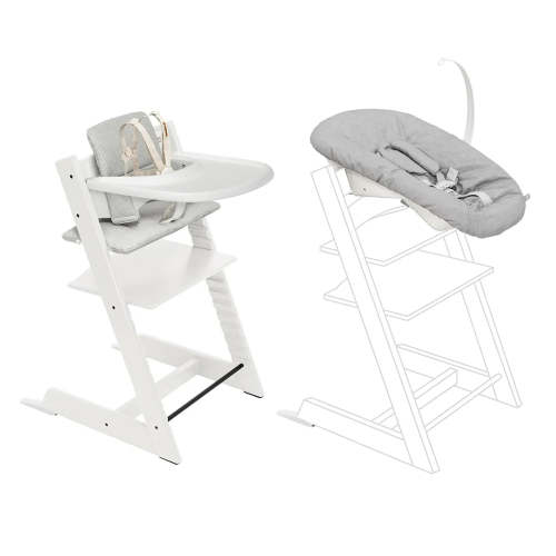 Tripp Trapp High Chair - Nordic Grey Cushion, Newborn Set & Tray - White