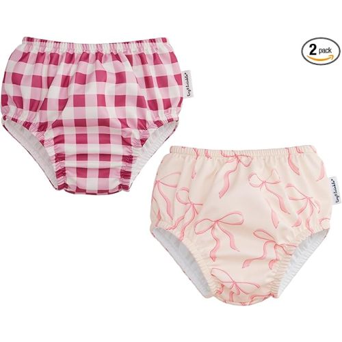 Tiny Twinkle Pull-Up Reusable Swim Diapers 2-Pack | Waterproof and UPF 50+ Sun Protection | Lightweight and Absorbent | Machine Washable(Raspberry Gingham,Bubblegum Bows,6-12M)