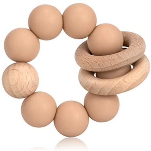 Teether Ring Toy for Baby, Silicone & Natural Wooden Infant Baby Bangle Teether Toys and Develop Sensory Skills (Apricot)
