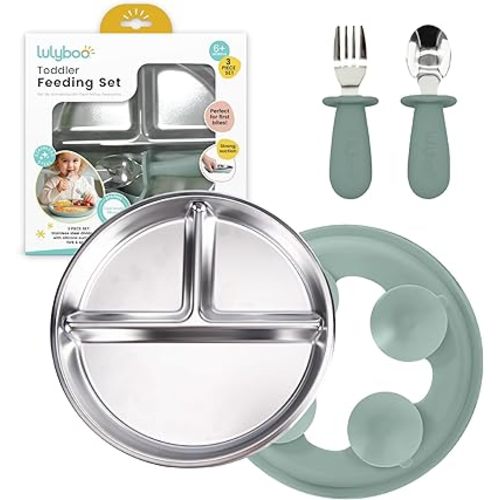 Lulyboo Toddler Feeding Set with Divided Stainless Steel Plate, Silicone Suction Base, & Soft Silicone Spoon & Fork - Montessori-Style, Durable, Easy-to-Clean, Kid-Safe, Perfect for Independent Eating