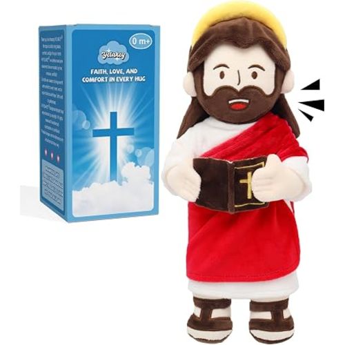 Yelakey Jesus Plush Musical Toy with Halo, Singing 20 Bible Verses & 20 Songs, 13.4" Interactive Hymn Stuffed Plushie, Religious Gift for Kids Sunday School & Easter