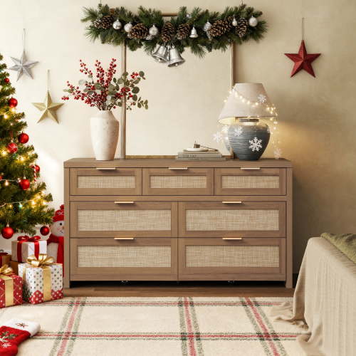 SICOTAS 56.88" Wide 7 Drawer Tall Dressers, Boho Dresser with Oversized Storage Space Rattan Dressers & Chests of Drawer Engineered Wooden Dressers for Bedroom,Reclaimed Caramel Oak