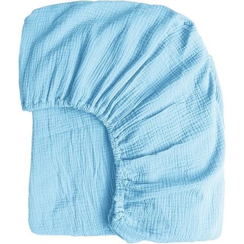 100% Muslin Cotton Sky Blue Fitted Sheet Full Only with 16" Elastic Deep Pocket, 1 Pack Soft Breathable Absorbent Gauze Double Fitted Bottom Sheet, Minimalist Fluffy Wrinkle Mattress Protector