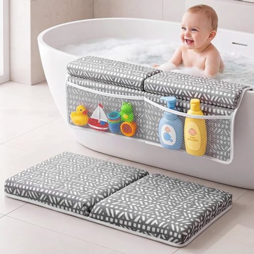 Vicenpal Baby Bath Kneeler and Elbow Rest Pad Set, Thick Comfortable Quick Dry Memory Foam Kneeling Pad, Foldable Non Slip Bathtub Cushion with Toy Organizer for Happy Baby Bath Time