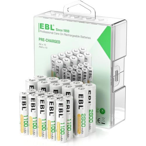 EBL Rechargeable Batteries Combo, AA 2800mAh (10 Pack) and AAA 1100mAh (10 Pack) High Capacity Precharged Ni-MH Rechargeable Batteries with Battery Organizer Storage Box