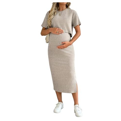 SHENHE Women's Maternity Ribbed 2 Piece Outfits Short Sleeve Crop Top Bodycon Slit Midi Skirt Set