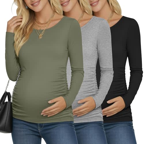 Ficerd 3 Pack Women's Maternity Shirts, Long Sleeve Side Ruched Pregnancy Tee Tops Crew Neck Casual Mama Clothes Basic Tunic