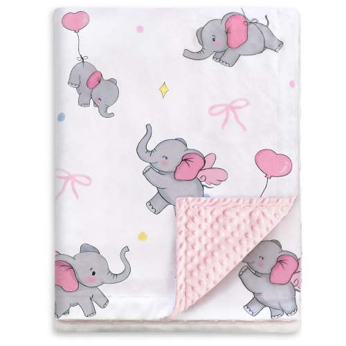 HOMRITAR Baby Blanket for Unisex Boys Girls, Super Soft Plush Minky Blankets with Baby Elephant Design and Dotted Fleece Backing, Pink Printed Blanket for Bed Nursery Newborn 30 x 40 Inch