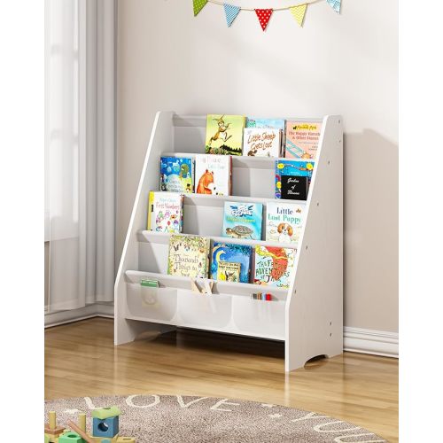 Sturdy Kids Bookshelf, 4-Tier Book Shelf for Kids Room with Oxford Fabric-Nursery Room Playroom Classroom, Deep Slings to Keep Books Upright, Ideal Height for Toddler Age 3+, Matte White