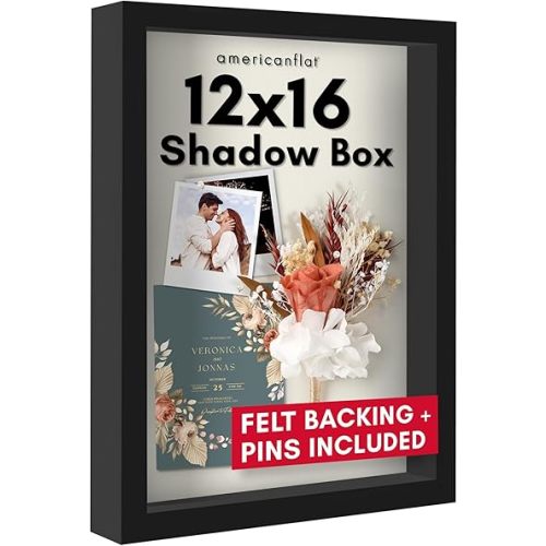 Americanflat 12x16 Shadow Box Frame with Polished Plexiglass - Silhouette Collection - Large Shadow Box Display Case for Tabletop and Wall Display - Black with Soft Felt Back
