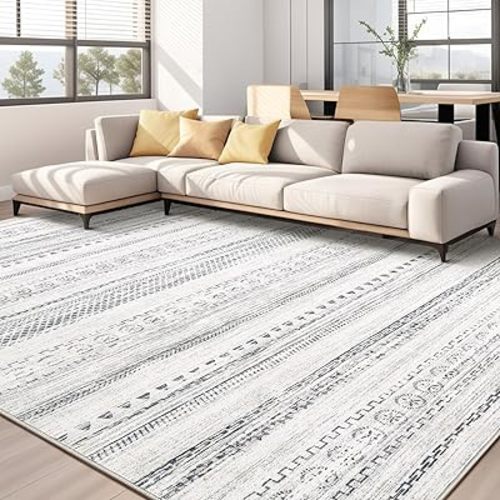 Area Rug Living Room Rugs - 8x10 Washable Boho Farmhouse Bohemian Neutral Large Moroccan Geometric Soft No Slip Indoor Thin Floor Carpet for Bedroom Under Dining Table Home Office - Grey